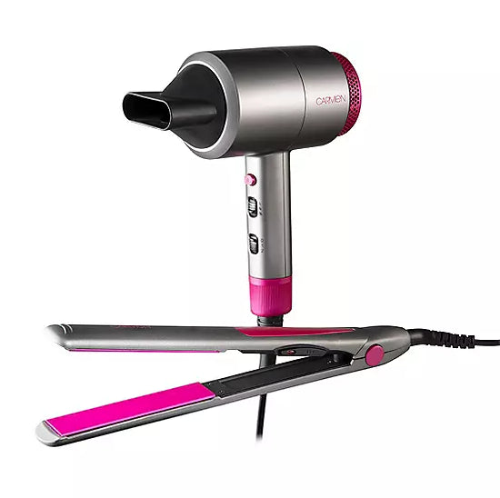 Carmen Neon Hair Dryer & Keratin-Infused Ceramic Straightener Gift Set - Neon Pink & Graphite Grey