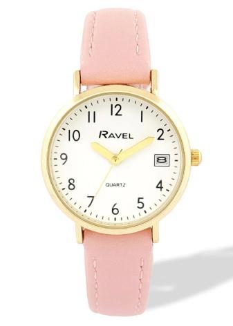 Ravel Ladies Basic Golden case Dated White Dial With Faux Leather Strap Watch Available Multiple Colour