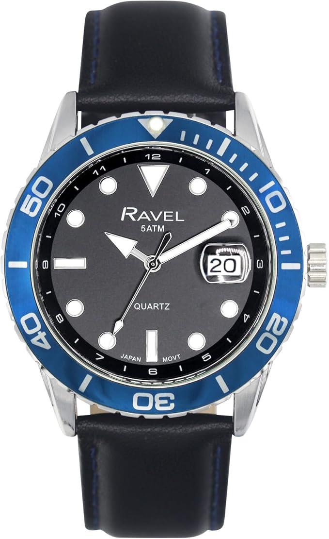 Ravel Mens Fashion Sports 42mm Round 5ATM Dated Dial Rotating Uni-Directional Bezel Black Leather Strap Watch RPD-M Available Multi Colors