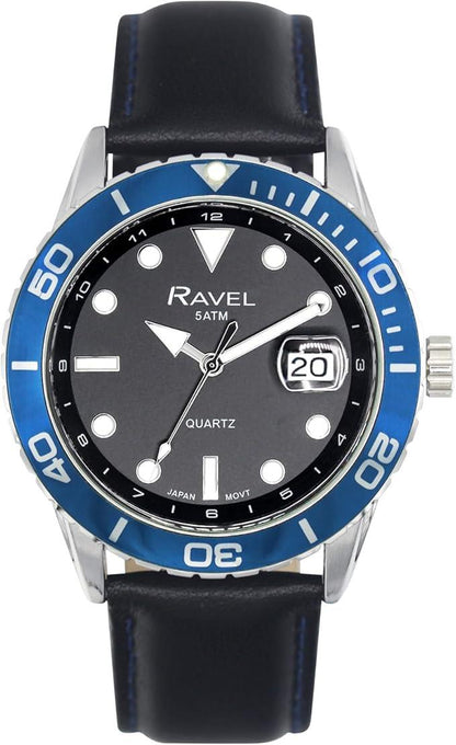 Ravel Mens Fashion Sports 42mm Round 5ATM Dated Dial Rotating Uni-Directional Bezel Black Leather Strap Watch RPD-M Available Multi Colors