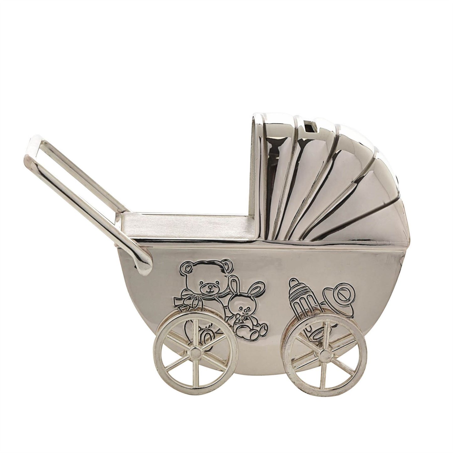 Bambino Silverplate Money Box Pram/Moving Wheels