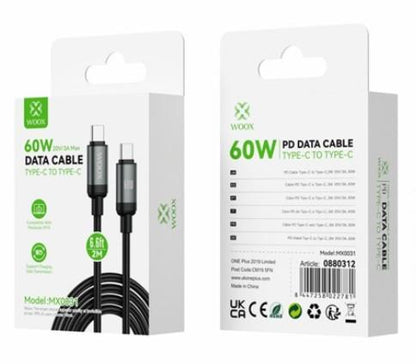 Woox Type C to Type C Braided Data Cable, 60W 20V/3A Max, 1m/2m, White/Black