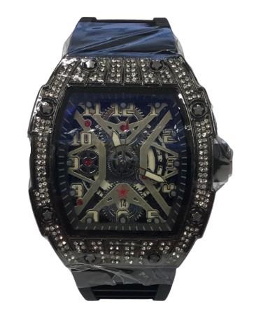 New Rubber Gents Black Bling Fashion Quartz Movement Dated Skeleton Clear Dial Rubber Strap Watch Available Multi Colour NY London
