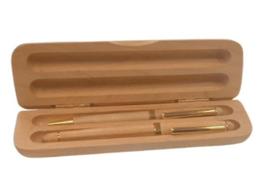 Imperial Wooden Light Brown Gold Trim 2 Ball Pens With Handmade Wooden Box Gift Set IMP310R - CLEARANCE MIGHT NEEDS RE-REFILL