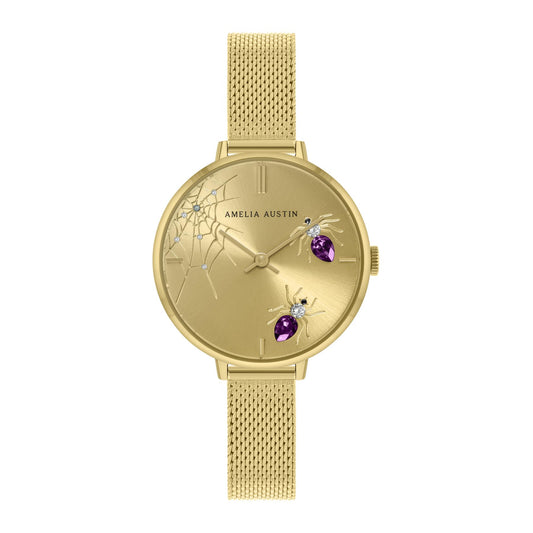 Amelia Austin Ladies Spider Pale Gold Stainless Steel Mesh Purple Stone Set Etched Dial Watch AA4004