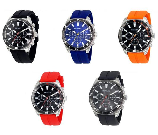 Henley Mens Polished Multi eye 44mm Dials Soft Silicone Watch H02228 Available Multiple Colour