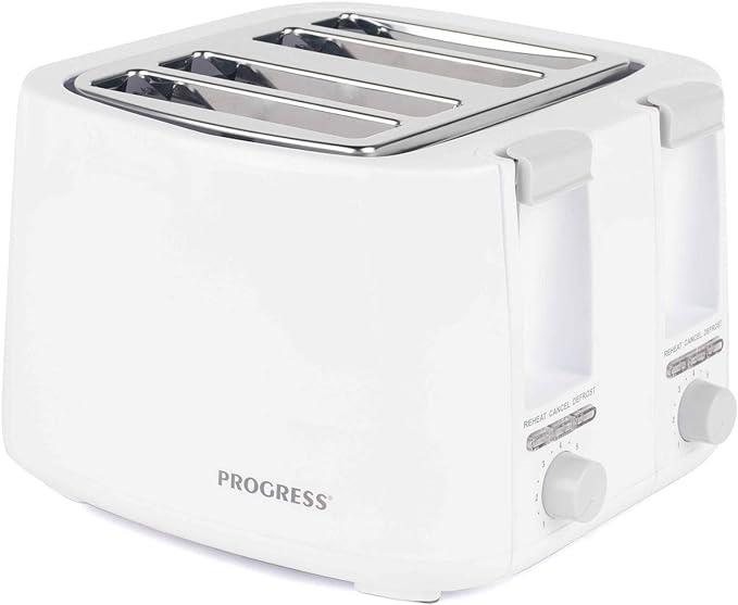 Progress 4 Slice Toaster – Anti-Jam Auto-Centring Toasting Slots, Adjustable 7 Levels of Browning, Compact Design, Defrost/Reheat/Cancel Functions, Removable Crumb Tray, 1500 W, White