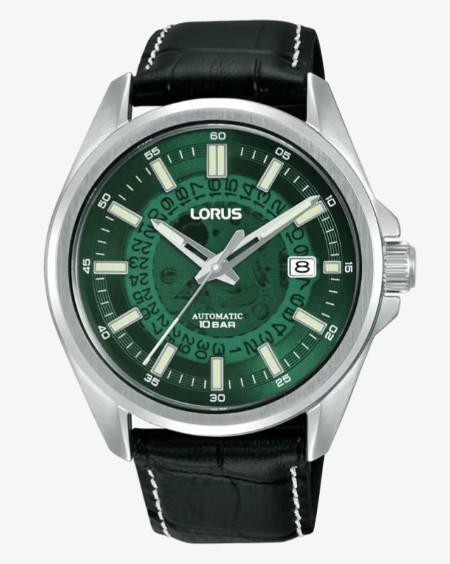 Lorus Mens Basic Fashion Automatic Date 43mm Green Dial Black Leather strap Watch