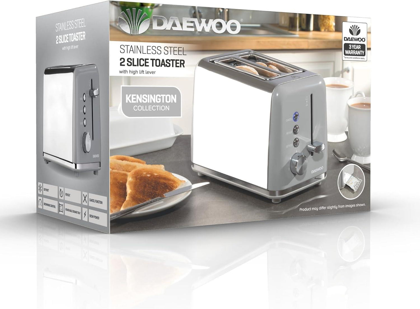 Daewoo Kensington 2 Slice Stainless Steel Toaster Grey