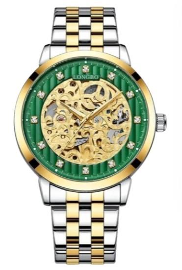 Longbo Mens Automatic Hollow mechanical Dial Analogue Green 2 Tone Metal Bracelet Strap Watch