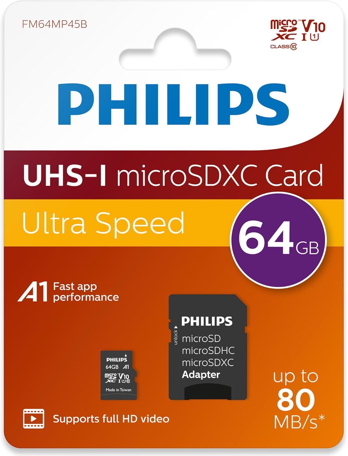 Philips - Micro SDHC 64 GB Class 10 Memory Card + Adapter