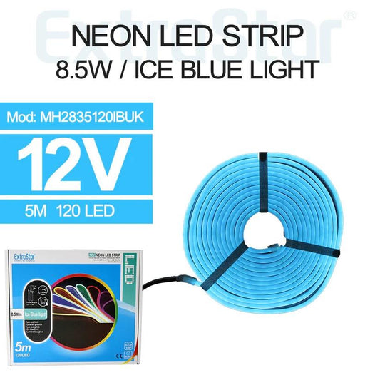 Neon LED Strip 5M Cable with Power Adapter, 8.5W/M, Ice Blue Light AMH2835120IBUK