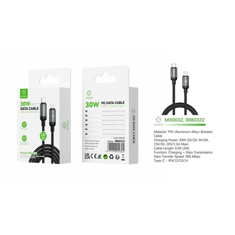 Woox Type C to Lightning Braided Data Cable, 30W - 5V/3A, 9V/3A, 15V/2A, 20V/1.5A Max, 1m/2m, White/Black
