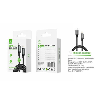 Woox Type C to Lightning Braided Data Cable, 30W - 5V/3A, 9V/3A, 15V/2A, 20V/1.5A Max, 1m/2m, White/Black