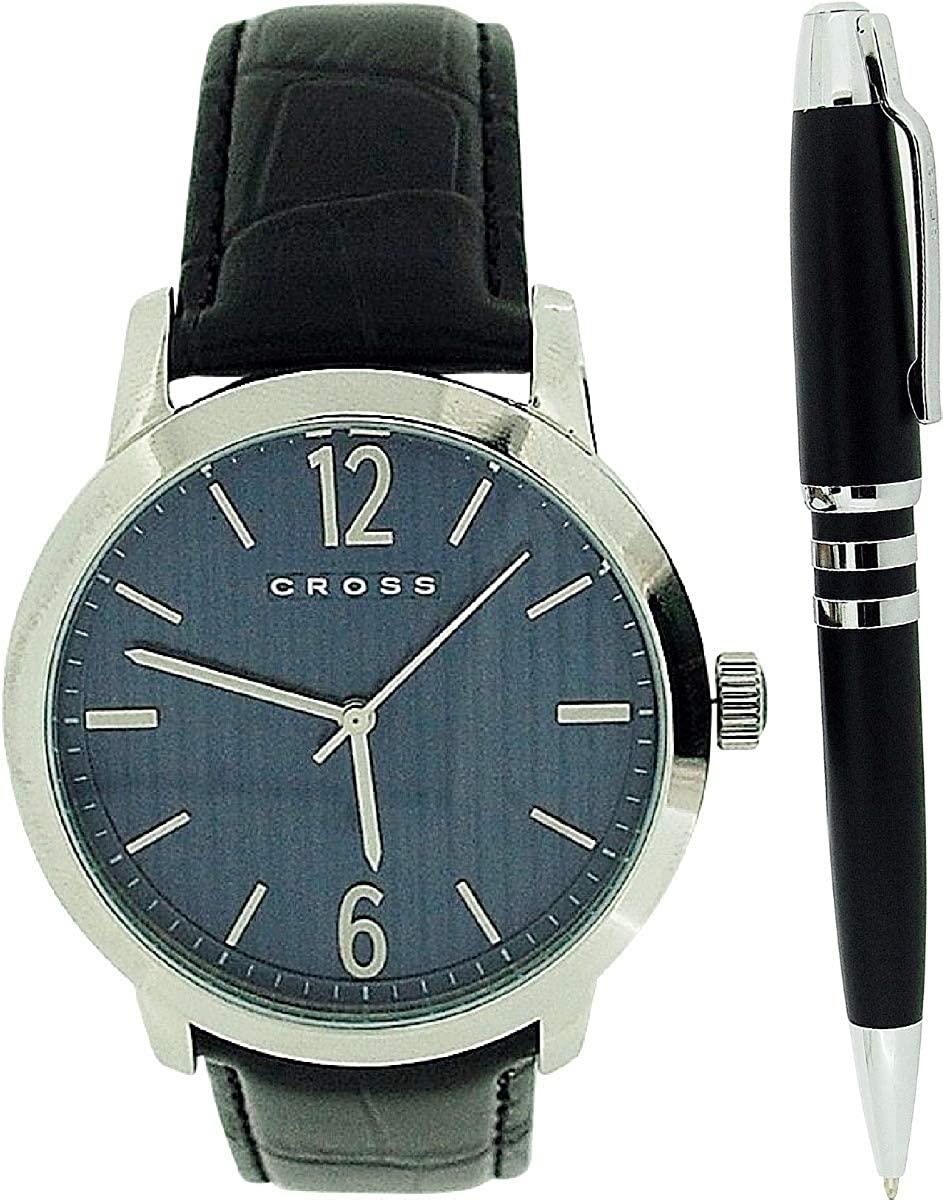 Cross CR1003 Mens Black Leather Strap Wrist Watch & Pen Set Gift Set - CLEARANCE NEEDS RE-BATTERY