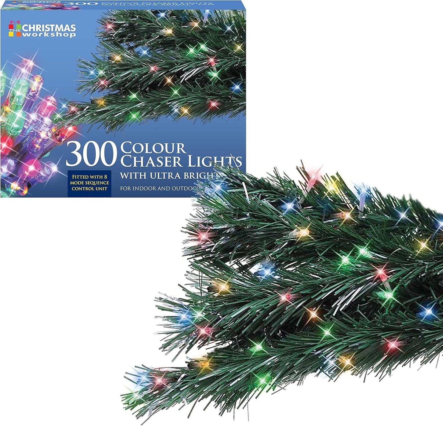 300 LED Multi Coloured Chaser Christmas Lights - 20.9metres 8 Light Modes