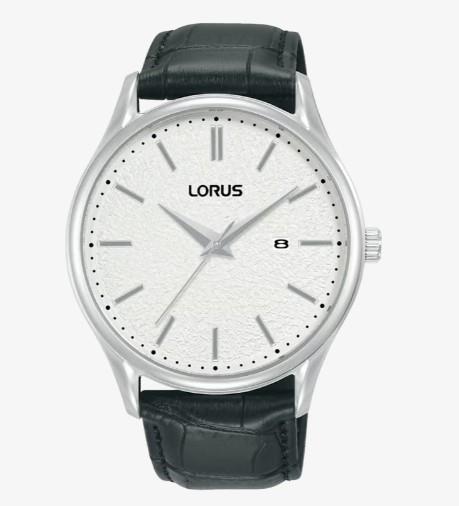 Lorus Mens Date White ‘Moon’Dial Black Leather strap Watch RH937QX9