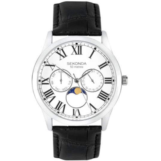 Sekonda Mens Moon Phase Dial Black Leather Strap Watch