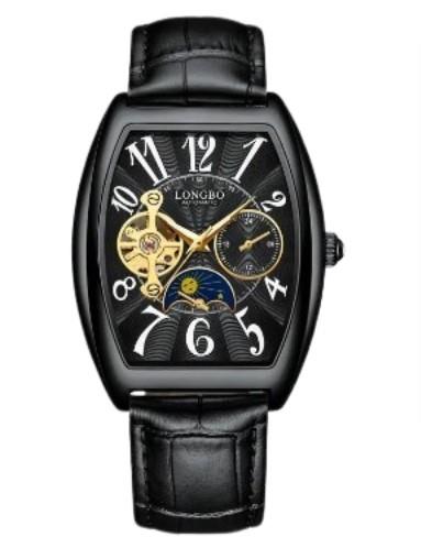 Longbo Mens Automatic Hollow mechanical Dial Analogue Gun/Black Leather Strap Watch NY London
