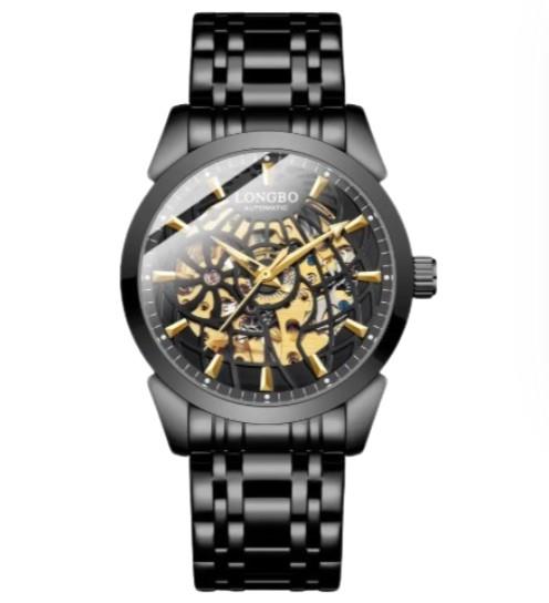 NY London Mens Automatic Hollow mechanical Dial Analogue Black/Gold Metal Bracelet Strap Watch