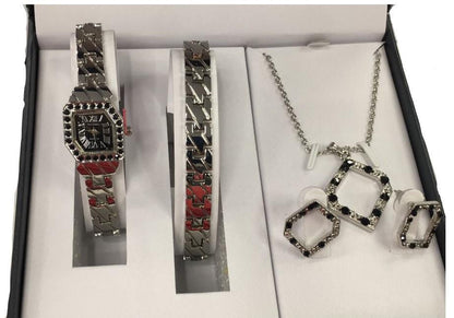 Paul Salatini Ladies Bling Black Dial Silver Barcelet, Necklace, Earring with Watch Gift Sets 8085-BLK-SIL