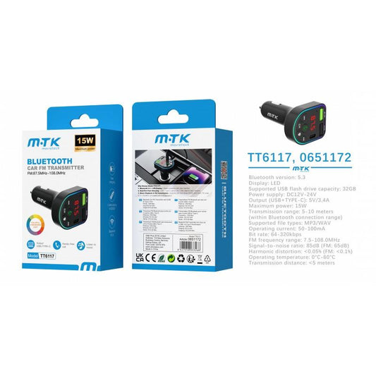 Bluetooth FM Transmitter, BT V5.3 with RGB Lights, Hands Free, Dual USB & PD 15W, Black TT6117