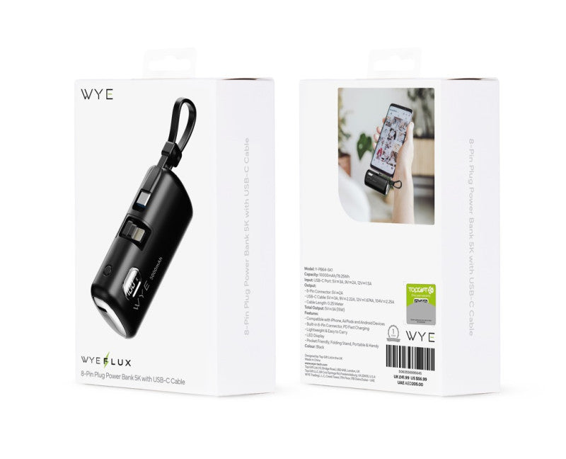 WYE 8 - Pin Plug Power Bank 5K with USB - C Cable