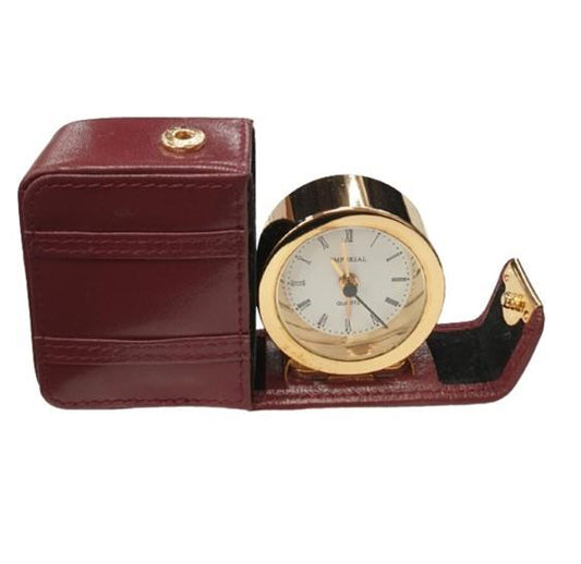 Imperial Travel Alarm Clock folds away into Brown Leather bag  IMP610 - CLEARANCE NEEDS RE-BATTERY