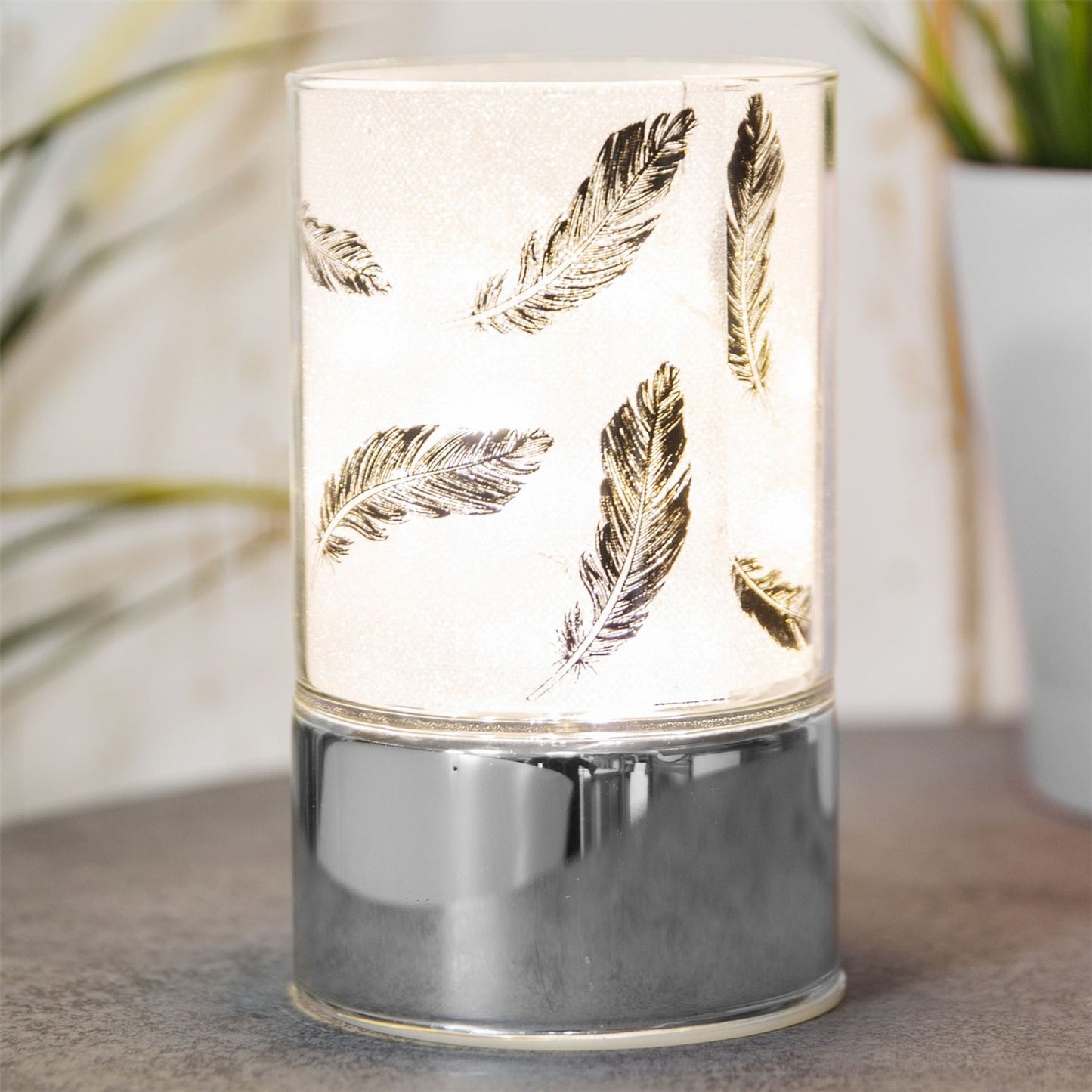 Glass Black Feather Design Tube with LED Lights 9 x 15cm