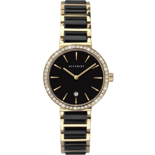 Accurist Ladies Dated Bling Black Ceramic & Gold Stainless Steel Watch 8359