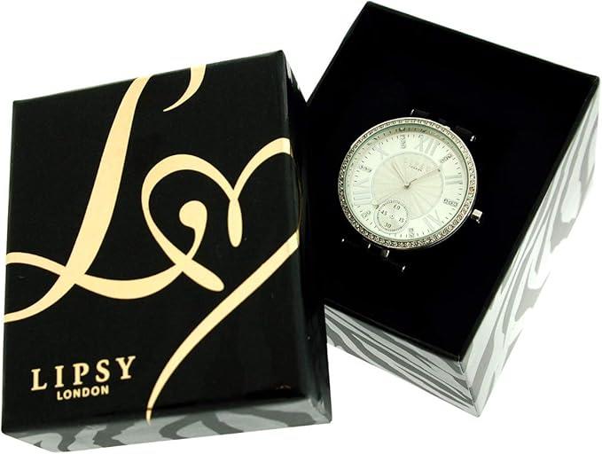 Lipsy London Ladies Bling Bezel Silver Tone Dial Black Leather Strap Watch LP293 - CLEARANCE NEEDS RE-BATTERY