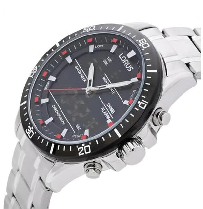 Lorus Mens Chronograph Day Date Black Dial Silver Stainless Steel Bracelet Watch RW635AX5