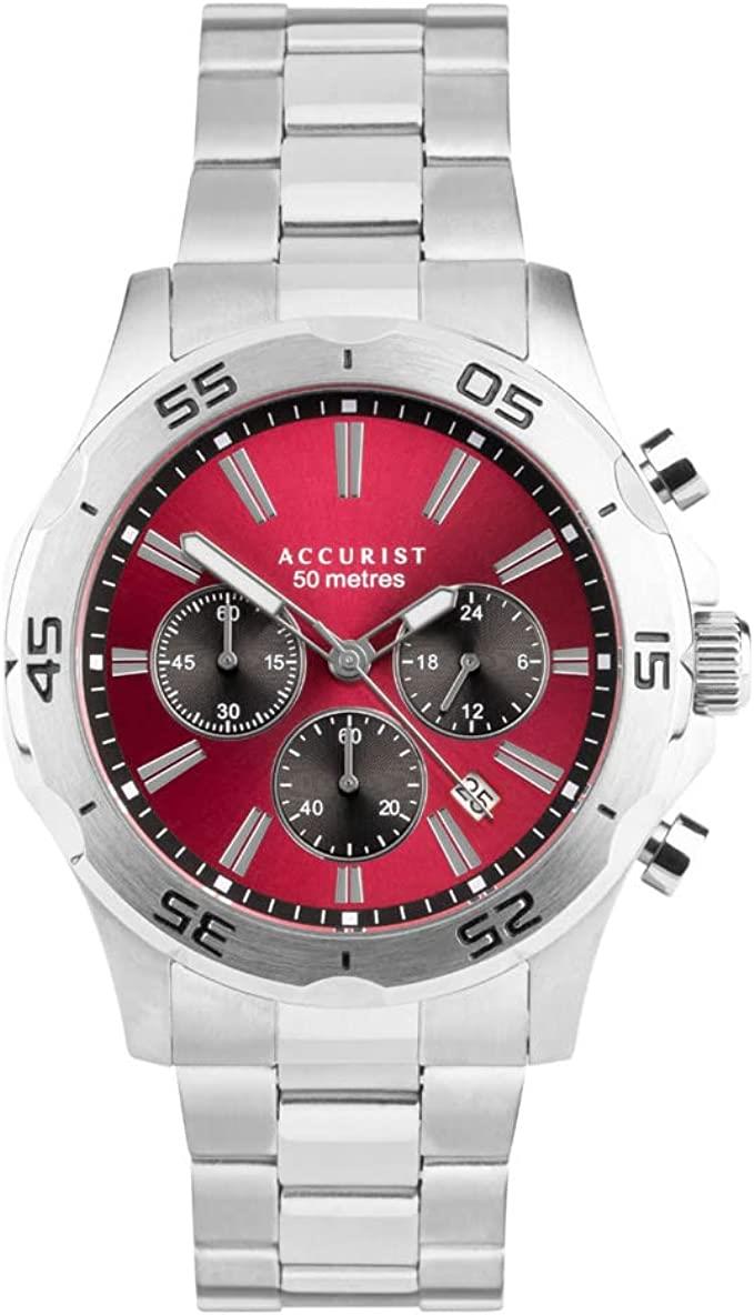 Accurist Men's red dial chronograph silver sports braclet watch 7399