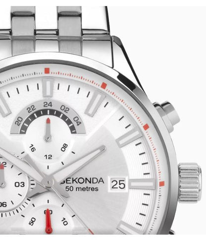 Sekonda Mens Chronograph 44mm Date Silver-White Dial With Stainless Steel Silver Bracelet Watch 30109