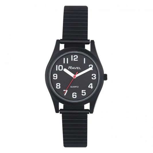 Ravel Ladies Basic Bold Easy Read Expander Bracelet Watch Black/Black R0225