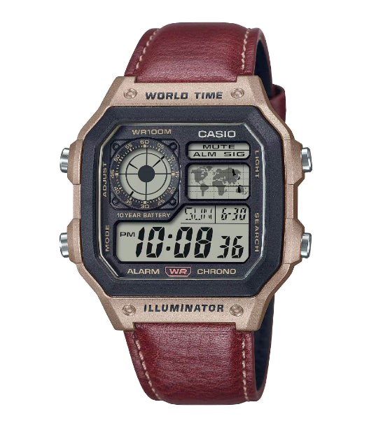 Casio Mens Sports LED military Digital World Time Alarm Brown Leather Strap Watch