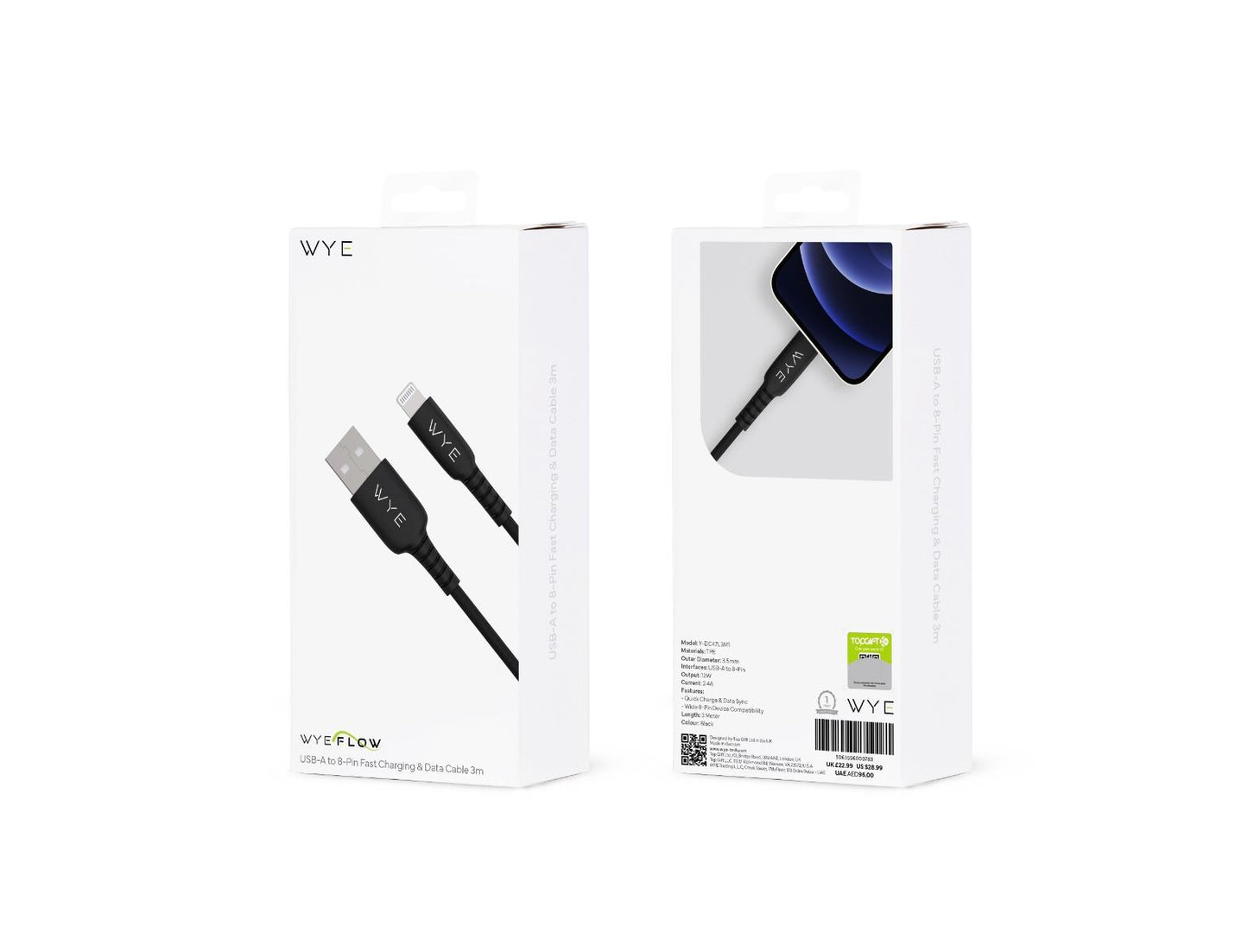 WYE USB-A to 8-Pin Fast Charging & Data Cable 3m - Black/White