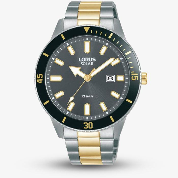 Lorus Mens Solar Powered Black Dated Dial Two tone Stainless Steel Bracelet Watch RX327AX9