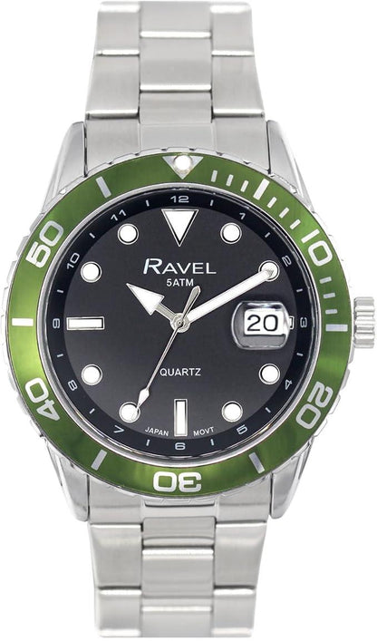Ravel Mens Fashion Sports 42mm Round 5ATM Dated Dial Uni-Directional Bezel Silver Plated Bracelet Watch RPD-MB Available Multi Colors