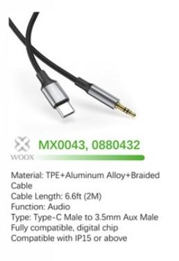 Woox 3.5mm Aux to Type C Braided Plug & Play Audio Cable, 6.6ft 2m, Black