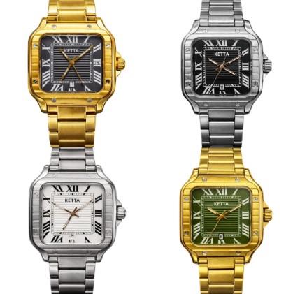 Ketta Mens Fashion Square Roman Number Dated Dial Metal Bracelet Strap Watch Available Multiple Colours