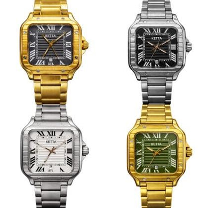 Ketta Mens Fashion Square Roman Number Dated Dial Metal Bracelet Strap Watch Available Multiple Colours