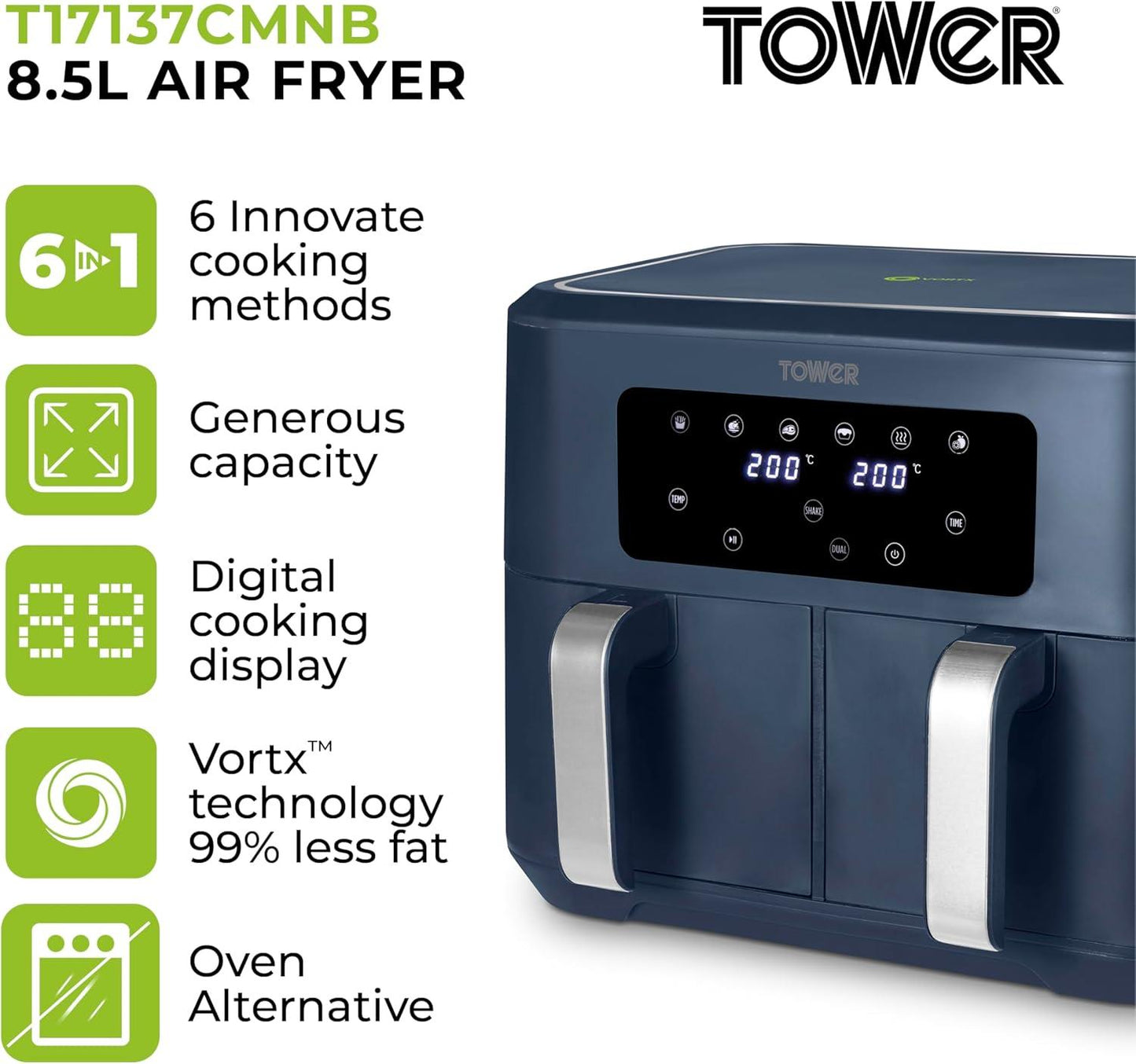 Tower Vortx 8.5L Dual Basket Air Fryer with Dual Cook Function, 2400W, Grey & Chrome