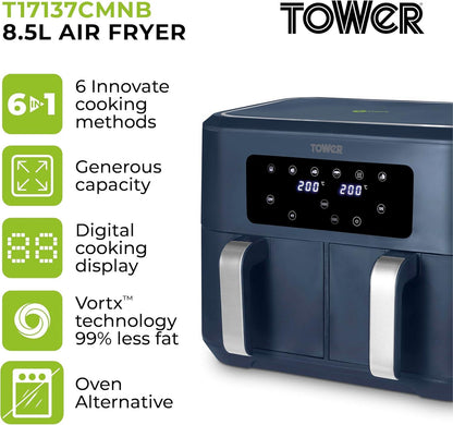 Tower Vortx 8.5L Dual Basket Air Fryer with Dual Cook Function, 2400W, Grey & Chrome