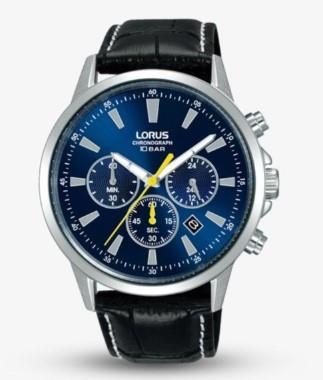 LORUS Mens Chronograph Fashion Dated Blue Dial Yellow Accents Black Leather Strap Watch