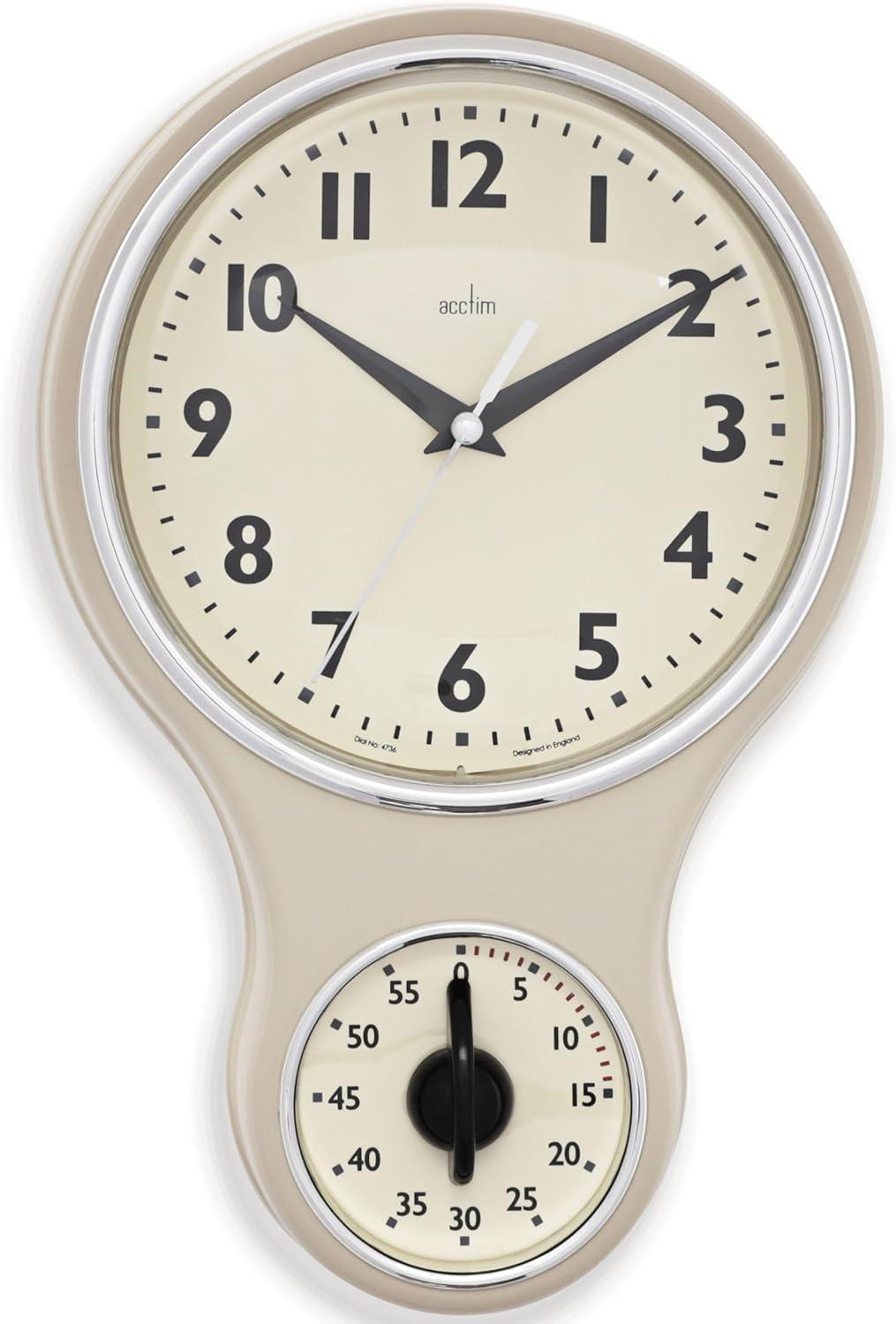 Acctim Kitchen Time 20cm Timer Quartz Retro Style Domed Glass Lens Wall Clock Available Multi Colour