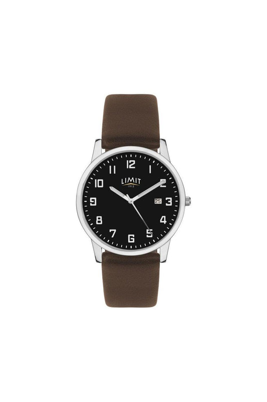 Limit Mens Basic Dated Black Dial Brown Leather Strap Watch 5744