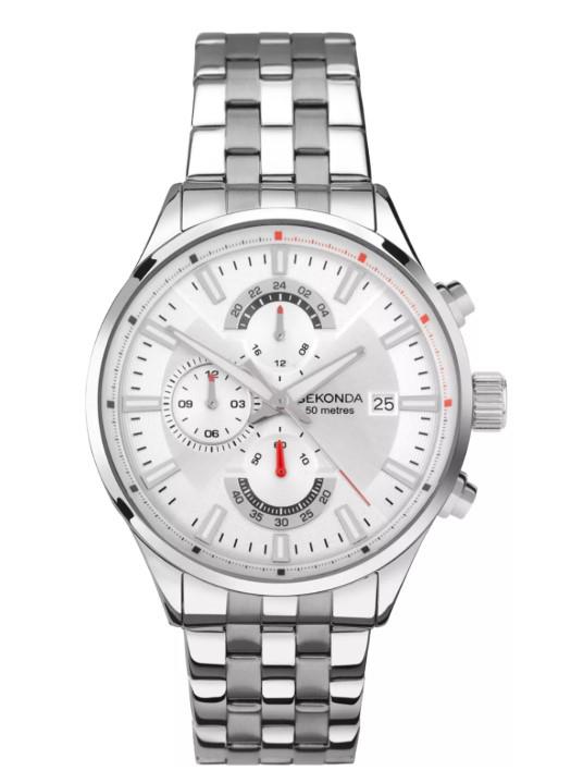 Sekonda Mens Chronograph 44mm Date Silver-White Dial With Stainless Steel Silver Bracelet Watch 30109