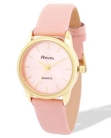 Ravel Ladies Fashion Round Golden Textured Case Dial with Leather Strap Watch Available Multiple Colour