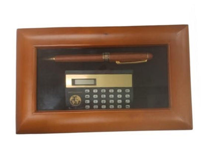 Imperial Mini Calculator with Wood Matt Brown Gold Trim Ball Pen IMP368 Clock Gift Set - CLEARANCE NEEDS RE-BATTERY & Refill